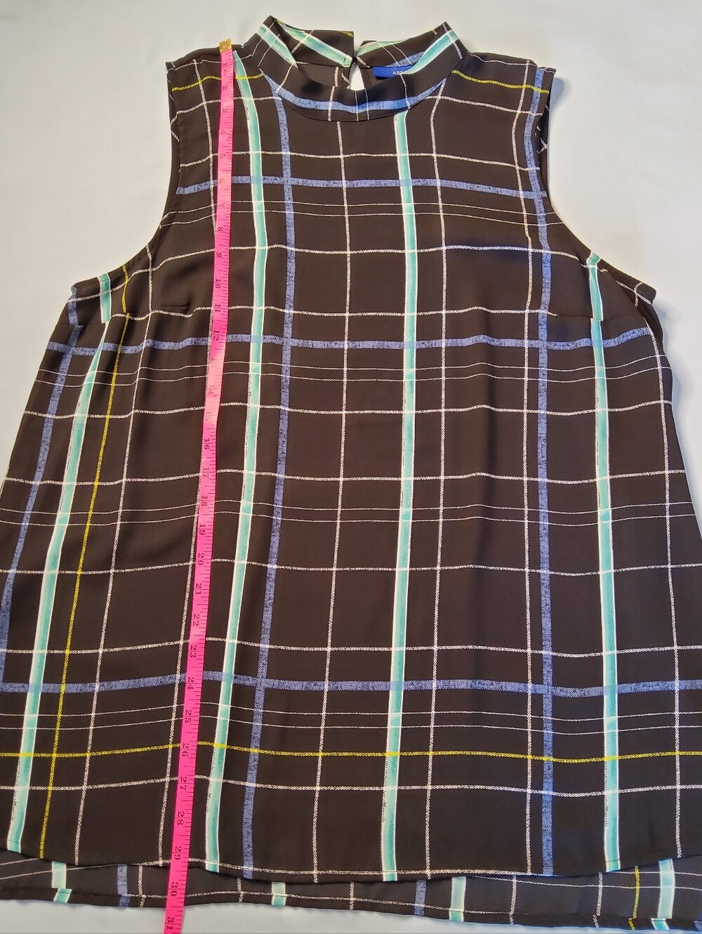 Apt. 9 Black Plaid Sleeveless Mock Neck Top with Blue and Teal Stripes - Picture 3 of 8